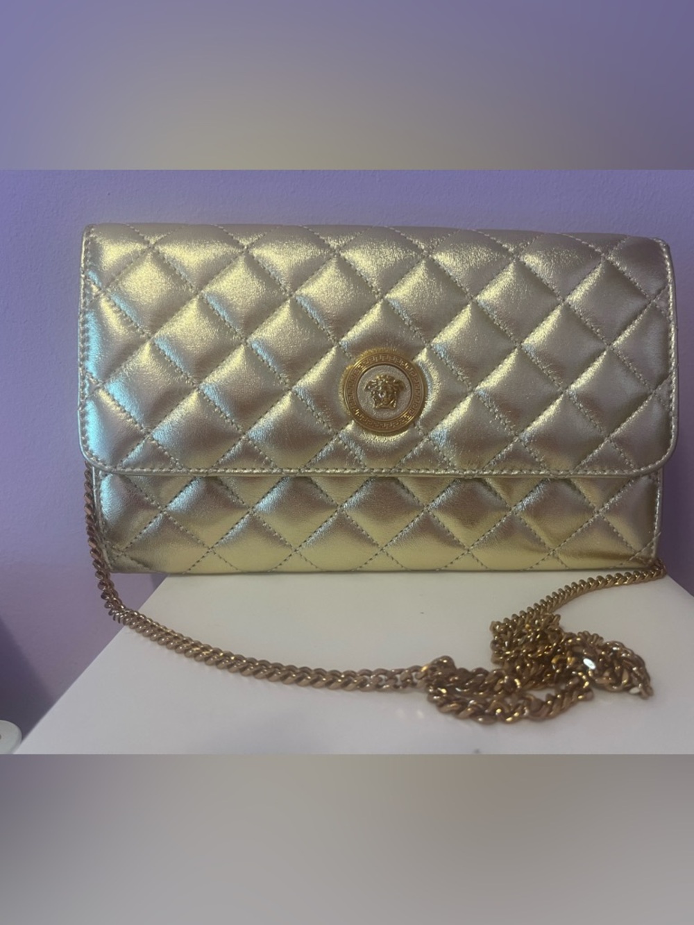 Versace Metallic Gold Quilted Medusa Chain Clutch